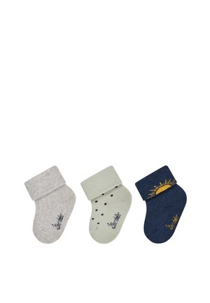 Three pairs of folded baby socks in light gray, light green with black dots, and dark blue with a yellow sun design.