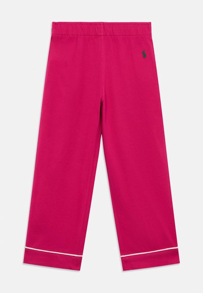 Pantaloni de stretch fuchsia cu un elastic în talie, design cu picioare largi și accente de cusătură albă la tiv. Prezintă un logo verde aproape de talie.