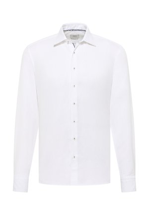 Hvid herreskjorte med lange ærmer, knaplukning foran, spids krave og diskret mønstret detalje på indersiden af kraven.
