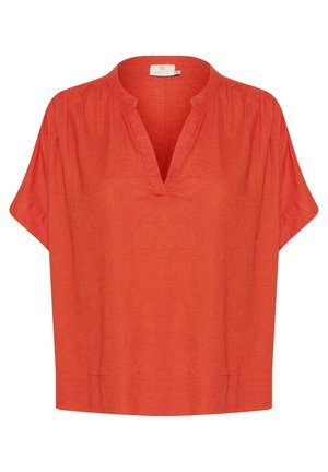 Haut orange à manches courtes et col en V, fabriqué en lin texturé. Coupe décontractée avec de légers plis au niveau des épaules. L'ourlet se termine à la taille.