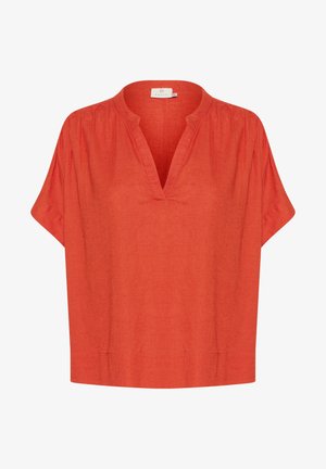 Haut orange à manches courtes et col en V, fabriqué en lin texturé. Coupe décontractée avec de légers plis au niveau des épaules. L'ourlet se termine à la taille.