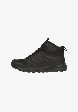 Schwarze wasserdichte Mid-Top-Wanderschuhe mit einer strukturierten Mesh-Oberfläche, verstärktem Zehenkappen und einer langlebigen Gummisohle für besseren Halt.
