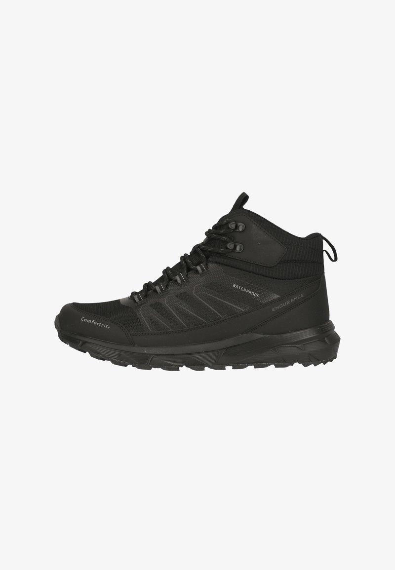 Schwarze wasserdichte Mid-Top-Wanderschuhe mit einer strukturierten Mesh-Oberfläche, verstärktem Zehenkappen und einer langlebigen Gummisohle für besseren Halt.