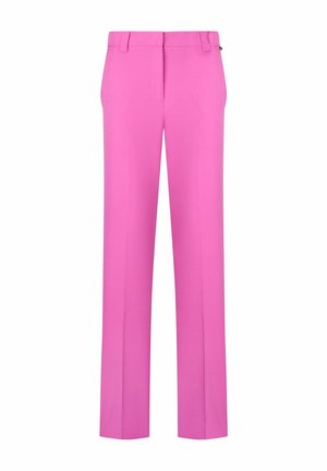 Pantaloni dritti di colore rosa brillante con passanti per cintura e tasche laterali, mostrati su uno sfondo bianco.