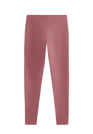 Roze legging met een gladde textuur, met afgeronde naden en contrasterende stiksels. Ontworpen voor een aansluitende, atletische uitstraling.