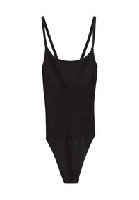Sort bodysuit med tynde stropper, lavet af glat stof. Har et tætsiddende design og en fræk skæring i bunden. Enkel og elegant udseende.