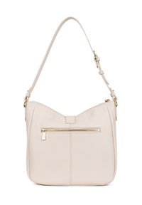 Borsa a spalla in pelle beige con forma trapezoidale, tasca frontale con zip, tracolla regolabile e dettagli in metallo dorato.