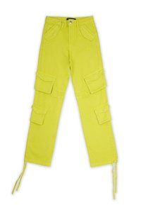 Kargo kalhoty v jasně limetkové bavlně, s několika klopovými kapsami, nastavitelnými šňůrkami u kotníků a rovnými nohavicemi.