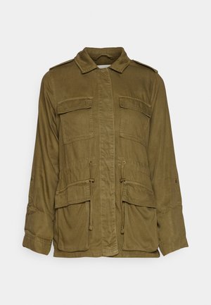 Olive green, lightweight military-style jacket with a collar, buttoned front, four large pockets, and adjustable drawstring waist.