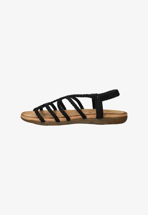 Platte sandaal met meerdere dunne zwarte gevlochten bandjes en een gevoerde beige zool, met elastisch hielbandje voor een veilige pasvorm.