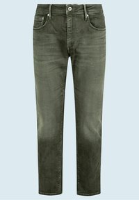Olive green jeans made of denim with a smooth texture, featuring five-pocket design, belt loops, and a metal button closure.
