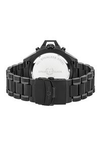 Zwarte roestvrijstalen horloge met een gepolijste afwerking, voorzien van een stevige band, een veilige sluiting en een gegraveerde achteraf.