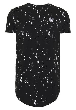Black short-sleeve T-shirt with white paint splatter pattern and small embroidered logo on upper left chest.
