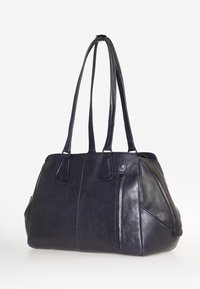 Borsa tote in pelle blu navy con doppi manici, tasca con zip e texture liscia, caratterizzata da una silhouette strutturata.