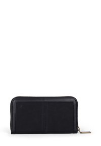 Portafoglio nero in pelle con chiusura a zip, caratterizzato da una texture liscia, forma rettangolare e design minimalista.