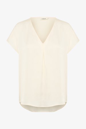 Blusa a maniche corte con scollo a V in crema chiaro, realizzata in tessuto morbido e fluido con una sottile trama e un leggero orlo a contrasto.