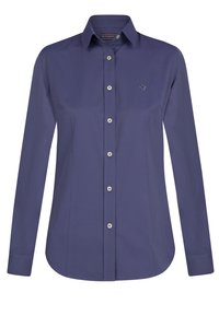 Camicia a maniche lunghe, con bottoni, in tessuto blu scuro con una texture liscia. Presenta un colletto classico, bottoni argento e un piccolo logo ricamato.