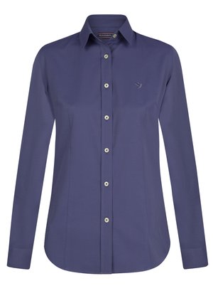 Langärmliges, geknöpftes Hemd aus dunkelblauem Stoff mit glatter Textur. Verfügt über einen klassischen Kragen, silberne Knöpfe und ein kleines gesticktes Logo.