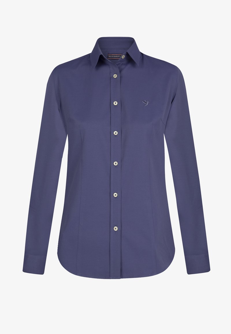 Overhemd met lange mouwen in donkerblauwe stof met een gladde textuur. Beschikt over een klassieke kraag, zilveren knopen en een klein geborduurd logo.