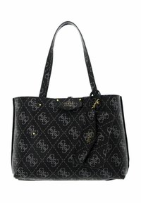 Czarna torba typu tote z geometrycznym wzorem logo w odcieniach szarości, ozdobiona złotymi elementami i odpinaną, mniejszą saszetką. Wykonana z teksturowanego materiału syntetycznego.