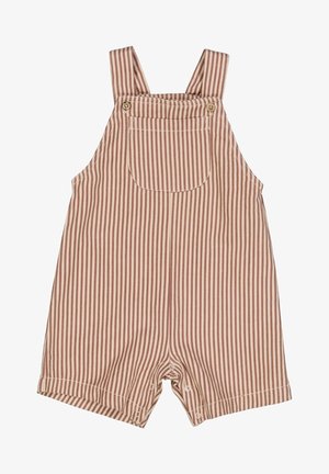 Gestreepte short overall in beige en roest, gemaakt van katoen. Voorzien van verstelbare schouderbanden, een voorzak en drukknoopsluitingen aan de onderkant.