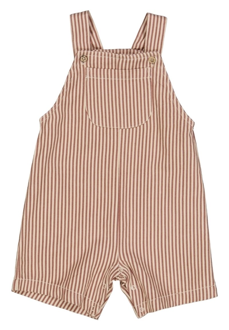 Gestreepte short overall in beige en roest, gemaakt van katoen. Voorzien van verstelbare schouderbanden, een voorzak en drukknoopsluitingen aan de onderkant.