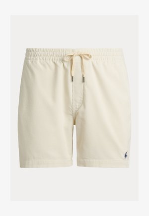 Beige ribfluwelen korte broek met elastische tailleband en trekkoord, met een klein donker geborduurd logo op het linkeronderbeen.