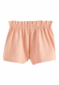 Pfirsichfarbene Baumwollshorts mit elastischem Bund, die eine glatte Textur und eine entspannte, lockere Passform aufweisen. Schlichtes Design ohne Muster.