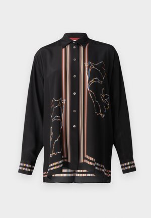 Chemise noire à boutons en tissu léger, avec des accents rayés colorés et un design floral sur le devant et les manches.