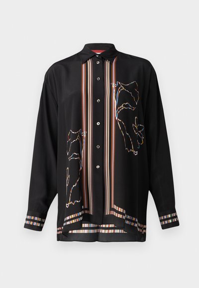 Camicia nera con bottoni in tessuto leggero, con accenti a strisce colorate e un design a contorno floreale sulla parte anteriore e sulle maniche.