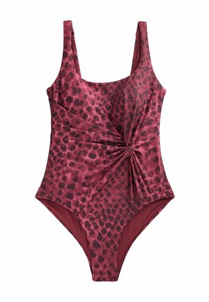 Badedragt med mørkerød og sort leopardprint og knudedetalje foran.