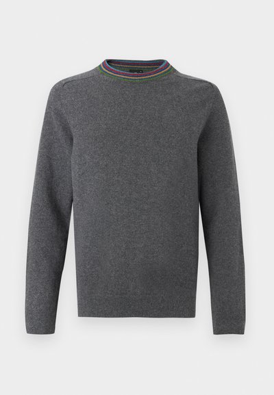 Pull à manches longues gris foncé avec col rond, orné d'un bord rayé multicolore en bleu, rouge, orange et vert.