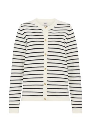 Witte cardigan met smalle zwarte horizontale strepen, lange mouwen, ronde halslijn en een rij van zes beige knopen aan de voorkant.