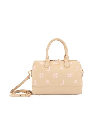 Bolso beige con dos asas y correa de hombro desmontable, decorado con patrones florales en rosa claro y la letra J, y cremallera dorada.