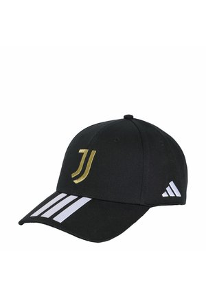 Sort baseballkasket med guld Juventus-logo midt foran, hvide Adidas-striber på skyggen og hvidt Adidas-logo på siden.