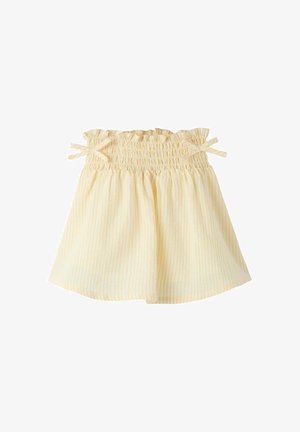 Gul og hvid stribet nederdel med smock-talje og to små side sløjfer, let stof, vidde silhuet.