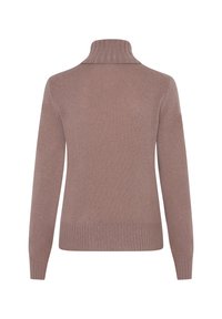 Pullover-Pullover aus weichem, strukturiertem mauvefarbenem Strick mit einem hohen gerippten Kragen sowie gerippten Bündchen und Saum. Schlichte Rückseite ohne Verzierungen.