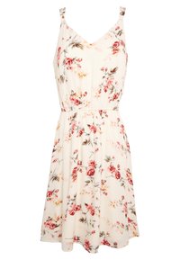Květinové šaty s nastavitelnými ramínky, v-výstřihem a elastickým pasem. Krémové pozadí s růžovými a zelenými květinovými vzory po celém povrchu.