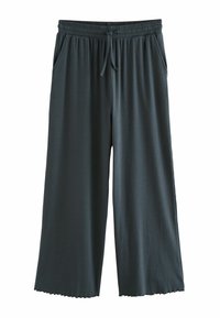 Dark gray wide-leg pants made of soft fabric, featuring an elastic waist, drawstring, and side pockets. Scalloped hem detailing.