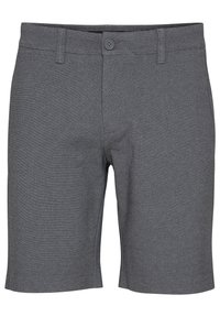 Shorts en coton gris avec une texture lisse, coupe droite, fermeture à un bouton et poches avant. Pas de motifs ni d'accents supplémentaires.