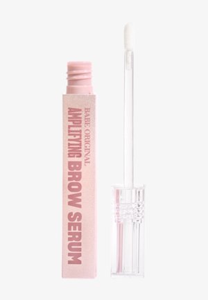 Tube rectangulaire rose étiqueté "Sérum amplificateur de sourcils" avec un applicateur à baguette transparent doté d'une pointe en éponge blanche, sur fond blanc.