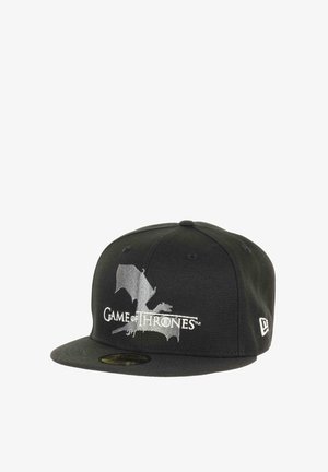 Black cap with a flat brim, featuring a silver "Game of Thrones" logo and a dragon silhouette, made from textured fabric.