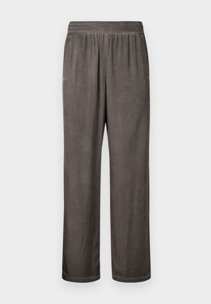 Φαρδιά παντελόνια από σκούρο γκρι σουέτ με ελαστική μέση και πλαϊνές τσέπες, απλωμένα επίπεδα σε λευκό φόντο.