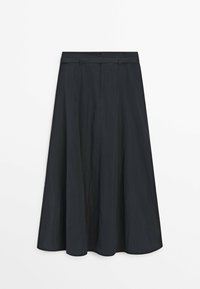 Sort A-formet midinederdel med bæltestropper og læg, vist mod en hvid baggrund.