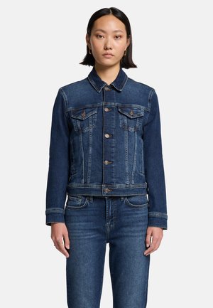 Dark blue denim jacket, featuring a classic collar, front button closure, two chest pockets, and white stitching details.