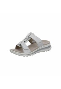 White slide sandal featuring two adjustable straps, textured surface, and a cushioned footbed with a flexible outsole for comfort.