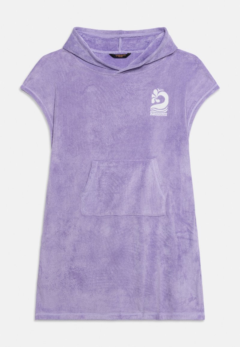 Poncho serviette à capuche violet clair avec une poche avant et un logo vague blanc sur la poitrine, fabriqué en tissu éponge doux.