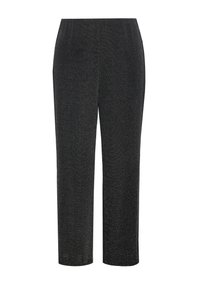 Pantalons noirs à taille élastique fabriqués dans un tissu texturé avec un léger éclat. Coupe droite, longueur cheville, sans motifs visibles.