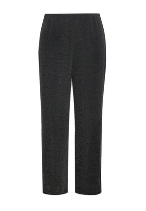 Pantaloni neri con elastico in vita, realizzati in un tessuto strutturato con un leggero luccichio. Design a gamba dritta, di lunghezza alla caviglia, senza motivi visibili.
