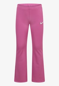 Roze rebraste hlače s raširenim nogavicama, elastik povodom struka i malim bijelim Nike logom na lijevom kuku. Izrađene su od mekog, rastezljivog materijala.